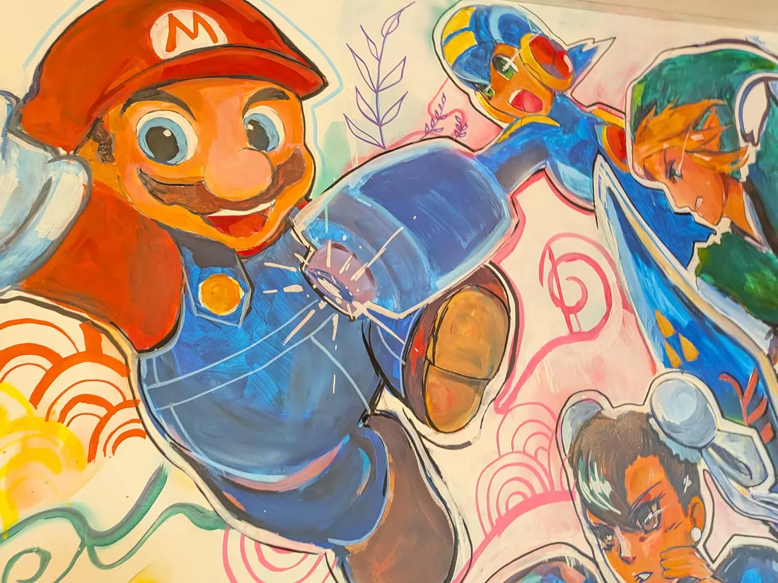 Fresque de Mario en plein saut